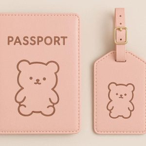 Cute Passport Cover and Luggage Tag Set PU Leather Travel Document Holder Matching Suitcase Label Set