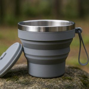 Collapsible Travel Cup with Stainless Steel Rim Portable Silicone Folding Drinking Mug for Outdoor Hiking Camping