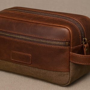 Mens Leather Toiletry Bag Vintage Canvas Dopp Kit Luxury Shaving Grooming Case Large Capacity Cosmetic Organizer